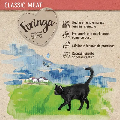 Feringa. Homemade taste begins with love. Hecho en una empresa familiar alemana, preparado con mucho amor como en casa, mínimo 2 fuentes de proteínas, receta honesta, sabor auténtico.