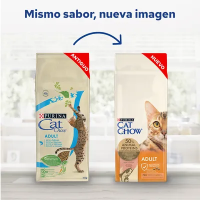 Vergleich der alten und neuen Verpackung von Purina Cat Chow Adult Katzenfutter. Text: 'Mismo sabor, nueva imagen', links 'Antiguo', rechts 'Nuevo'.