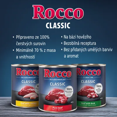 Rocco Classic konzervy: Beef with chicken, Pure beef, Beef with duck. Připraveno ze 100% čerstvých surovin, min. 70 % masa a vnitřností, bezobilná receptura, bez umělých barviv a aromat.