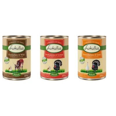 Lukullus Nassfutter für Hunde, Sorten: Kaninchen & Wild, Wildkaninchen & Truthahn, Putenherzen & Gans, jeweils 400g Dose. Adult. Mit natürlichen Zutaten.