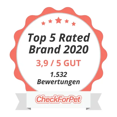 Top 5 Rated Brand 2020, 3,9 / 5 GUT, 1.532 Bewertungen, CheckForPet (teksti saksaksi)