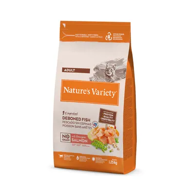 Embalagem de ração para gatos adultos Nature's Variety, 1.º ingrediente peixe sem espinhas, com salmão norueguês, sem cereais, proteína, qualidade e digestibilidade, 1,25 kg.