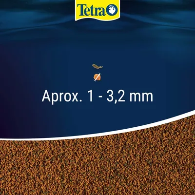 Tetra. Tamaño de los gránulos: aprox. 1–3,2 mm. Imagen de alimento granulado marrón para peces.