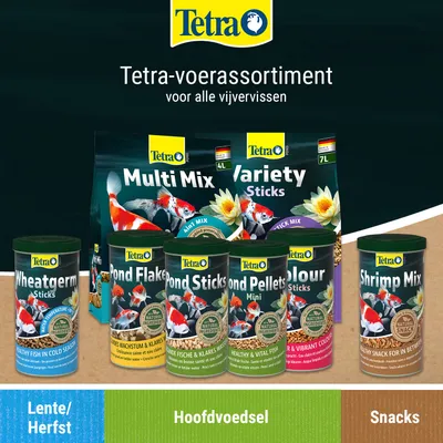 Tetra-voederassortiment voor alle vijvervissen: Multi Mix, Variety Sticks, Wheatgerm Sticks, Pond Flakes, Pond Sticks, Pond Pellets Mini, Colour Sticks, Shrimp Mix. Categorieën: Lente/Herfst, hoofdvoer, snacks.