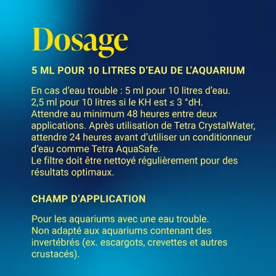 Dosage : 5 ml pour 10 litres d’eau d’aquarium. Pour un KH ≤ 3 °dH, 2,5 ml. Attendre au moins 48 heures entre les applications. Ne convient pas aux aquariums contenant des invertébrés. Dosage : 5 ml pour 10 litres d’eau d’aquarium. Pour un KH ≤ 3 °dH, 2,5 ml. Attendre au moins 48 heures entre les applications. Ne convient pas aux aquariums contenant des invertébrés.