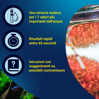 Strisce reattive per 7 valori dell'acqua, risultati rapidi in 60 secondi, istruzioni con consigli su possibili contromisure.