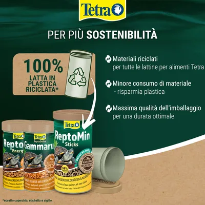 Tetra – 100% latta in plastica riciclata, materiali riciclati per tutte le lattine alimenti Tetra, minore consumo di materiale, massima qualità dell'imballaggio. Testo in italiano e tedesco.