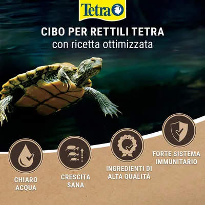 Tetra Cibo per rettili, con ricetta ottimizzata. Testi visibili: chiaro acqua, crescita sana, ingredienti di alta qualità, forte sistema immunitario.