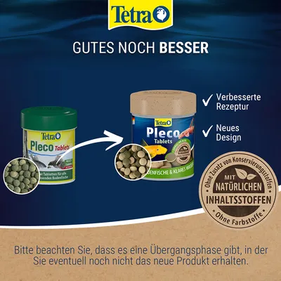 Tetra Pleco Tablets, ancien et nouveau design montrés côte à côte. Texte en allemand : recette améliorée, nouveau design, avec ingrédients naturels, sans conservateurs ni colorants.