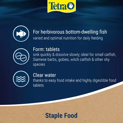 Tetra. For herbivorous bottom-dwelling fish, varied and optimal nutrition for daily feeding. Form: tablets, sink quickly & dissolve slowly. Clear water thanks to easy food intake. Staple Food.