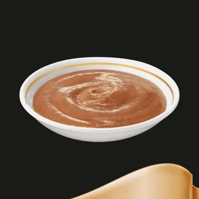 Assiette blanche avec liseré doré contenant une pâtée brune à texture lisse, présentée sur fond noir. Aucun texte ou marque visible.