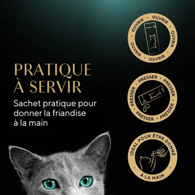 Texte : Pratique à servir. Sachet pratique pour donner la friandise à la main. Icônes : ouvrir, presser, idéal pour être donné à la main. Tête de chat visible en bas.
