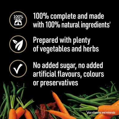 Testo in inglese: 100% complete and made with 100% natural ingredients. Prepared with plenty of vegetables and herbs. No added sugar, no added artificial flavours, colours or preservatives.