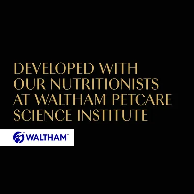 Developed with our nutritionists at Waltham Petcare Science Institute. WALTHAM brand name and logo visible.