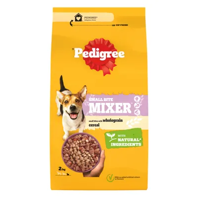 Small bite mixer with wholegrain cereal, natural ingredients, no added artificial colours or flavours. 2kg pack shown with bowl of food.