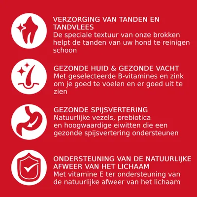Verzorging van tanden en tandvlees, gezonde huid & vacht, gezonde spijsvertering, ondersteuning natuurlijke afweer; met B-vitamines, zink, vezels, prebiotica, eiwitten, vitamine E.