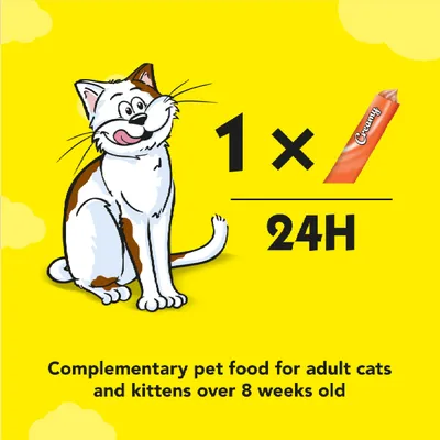 Feeding guide showing 1 stick per 24 hours. Complementary pet food for adult cats and kittens over 8 weeks old.