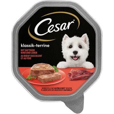 Cesar klassik-terrine mit saftigem Rind und Leber. Hergestellt mit natürlichen Zutaten.