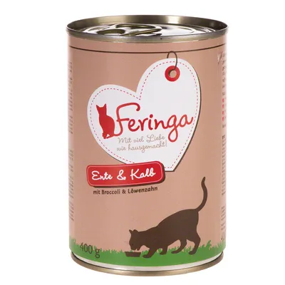 Feringa kattemad dåse, synlig tekst: 'Mit viel Liebe wie hausgemacht! Ente & Kalb mit Broccoli & Löwenzahn', 400 g. Brun metalemballage med kattegrafik.