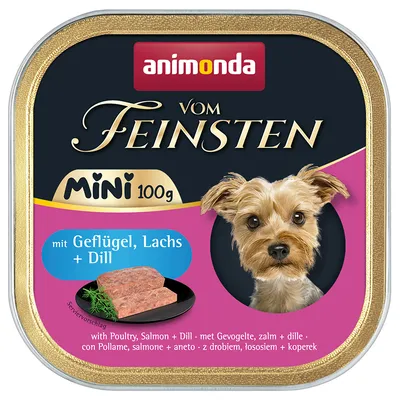 Animonda Vom Feinsten Mini 100g, with poultry, salmon and dill. Serving suggestion shown.