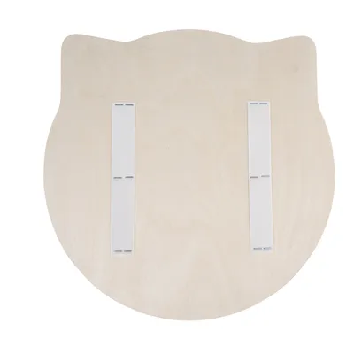 Wooden board in cat head shape with two white hook-and-loop strips for attachment.