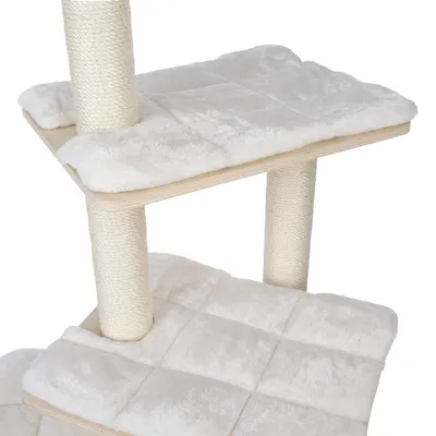 Cat tree with two levels made of wood, padded with white plush and columns wrapped in sisal.