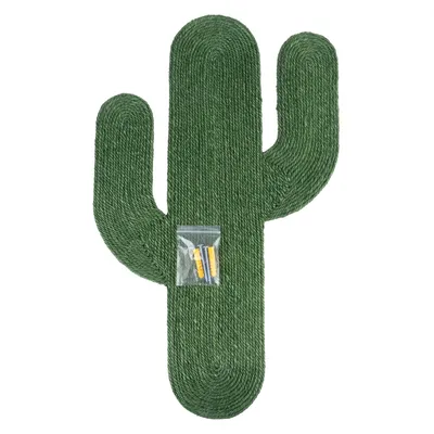 Griffoir en forme de cactus, corde verte tressée, avec un sachet contenant des vis et chevilles visibles pour la fixation murale.