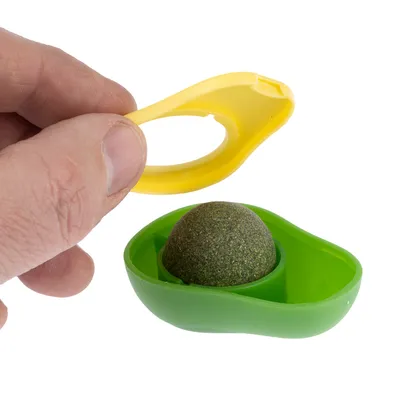 Jouet vert en plastique en forme d’avocat avec couvercle jaune retiré, contenant une boule compacte de couleur verte à l’intérieur. Main tenant le couvercle.