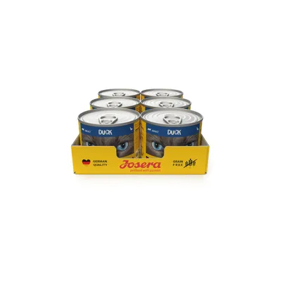 Confezione da 6 lattine Josera Duck per gatti adulti, scritte visibili: 'DUCK', 'GERMAN QUALITY', 'GRAIN FREE', 'Josera petfood with passion'.