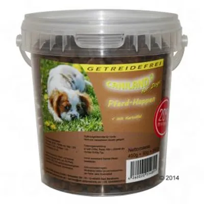 Secchiello Caniland for Dogs Pferd-Happen, scritta GETREIDEFREI, immagine di cane sull'etichetta, peso netto 400 g, codice a barre visibile.