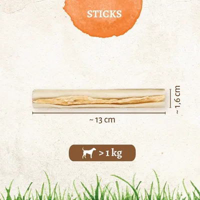 Stick per cani, lunghezza circa 13 cm, diametro circa 1,6 cm. Testo visibile: STICKS. Simbolo cane con scritta '>1 kg'.