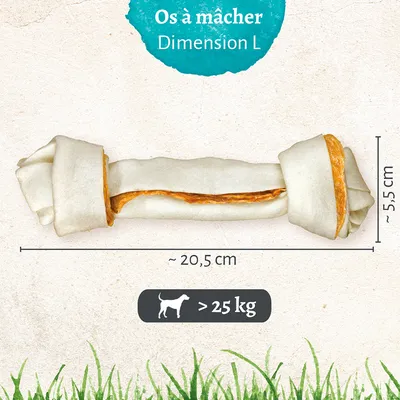 Os à mâcher Dimension L, environ 20,5 cm de long et 5,5 cm de large, indiqué pour chiens de plus de 25 kg. Texte visible : Os à mâcher Dimension L, > 25 kg.