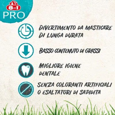 8in1 PRO. Divertimento da masticare di lunga durata, basso contenuto di grassi, migliore igiene dentale, senza coloranti artificiali o esaltatori di sapidità.