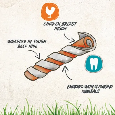 Chew stick with chicken breast inside, wrapped in tough beef hide, enriched with cleansing minerals for dental care.
