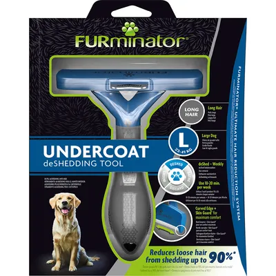 FURminator Undercoat deShedding Tool, taille L, pour chien à poils longs 23–41 kg. Texte visible : réduit la perte de poils jusqu’à 90 %, utiliser 10–20 min/semaine.