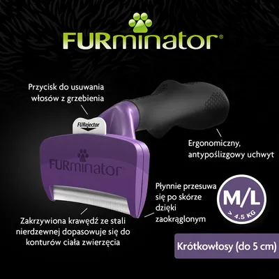 FURminator M/L dla krótkowłosych (do 5 cm), przycisk do usuwania włosów, ergonomiczny uchwyt, zakrzywiona krawędź ze stali nierdzewnej, dla zwierząt powyżej 4,5 kg