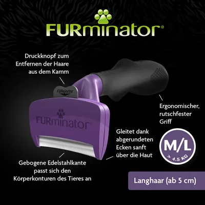 FURminator Langhaar M/L ab 5 cm. Druckknopf zum Entfernen der Haare aus dem Kamm, gebogene Edelstahlkante passt sich Körperkonturen an, ergonomischer rutschfester Griff, gleitet sanft über die Haut.