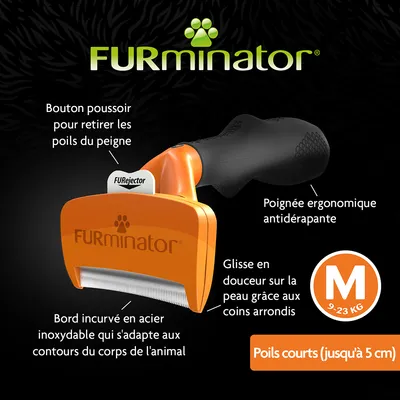 FURminator, bouton poussoir pour retirer les poils, poignée ergonomique antidérapante, bord incurvé en acier inoxydable, taille M 9–23 kg, poils courts jusqu’à 5 cm, coins arrondis.