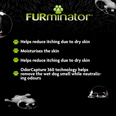 FURminator features: helps reduce itching due to dry skin, moisturises the skin, and OdorCapture 360 technology removes wet dog smell while neutralising odours.