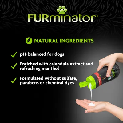 Natural ingredients: pH-balanced for dogs, enriched with calendula extract and menthol, formulated without sulphate, parabens or chemical dyes. Product dispensed onto hand.