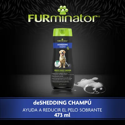 Champú Furminator deShedding para perros, ayuda a reducir el pelo sobrante. Envase de 473 ml visible en la imagen.