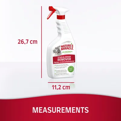 Nature's Miracle Stain & Odour Remover, rozmery: výška 26,7 cm, šírka 11,2 cm. Viditeľný text na etikete v angličtine a nemčine.
