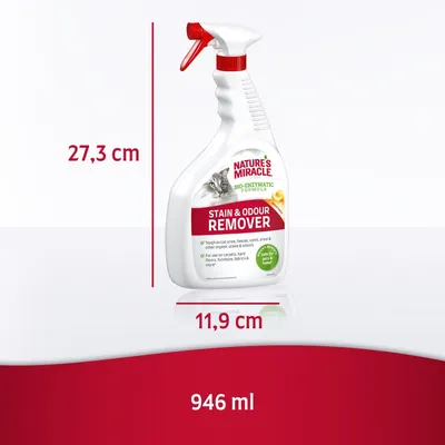 Nature's Miracle Stain & Odour Remover, flacone spray 946 ml, dimensioni: altezza 27,3 cm, larghezza 11,9 cm. Testo visibile in inglese sull'etichetta frontale.