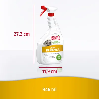 Spray Nature's Miracle Urine Remover, flacone da 946 ml, dimensioni visibili: altezza 27,3 cm, larghezza 11,9 cm. Etichetta con testo in inglese e immagine di un cane.
