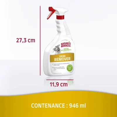 Spray Nature's Miracle Urine Remover, dimensions 27,3 cm x 11,9 cm, contenance 946 ml, texte visible : bio-enzymatic formula, pour tapis, sols durs, meubles, tissus.