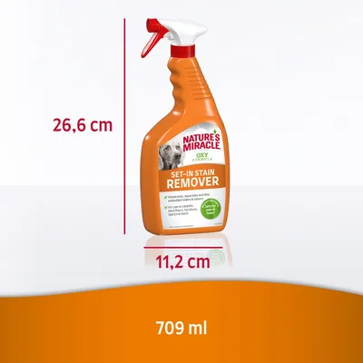 Nature's Miracle Oxy Formula Set-In Stain Remover, spray de 709 ml. Dimensiones: alto 26,6 cm, ancho 11,2 cm. Texto en inglés visible en la etiqueta.