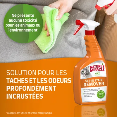 Nature’s Miracle Oxy Formula Set-In Stain Remover, solution pour taches et odeurs incrustées. Texte : Ne présente aucune toxicité pour les animaux ou l’environnement.