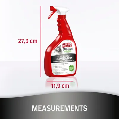 Spray bottle of stain and odour eliminator shown with measurements: height 27.3 cm, width 11.9 cm.