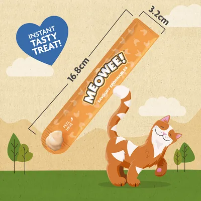 MEOWEE! SAVOURY SPOONABLES jutalomfalat tasak, méret: 16,8 cm × 3,2 cm. Instant Tasty Treat! felirat angolul látható a képen.