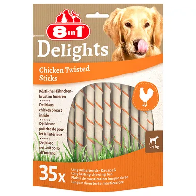 8in1 Delights Chicken Twisted Sticks, smakelijke kipfilet binnenin, 35 stuks, langdurig kauwplezier, geschikt voor honden boven 1 kg.